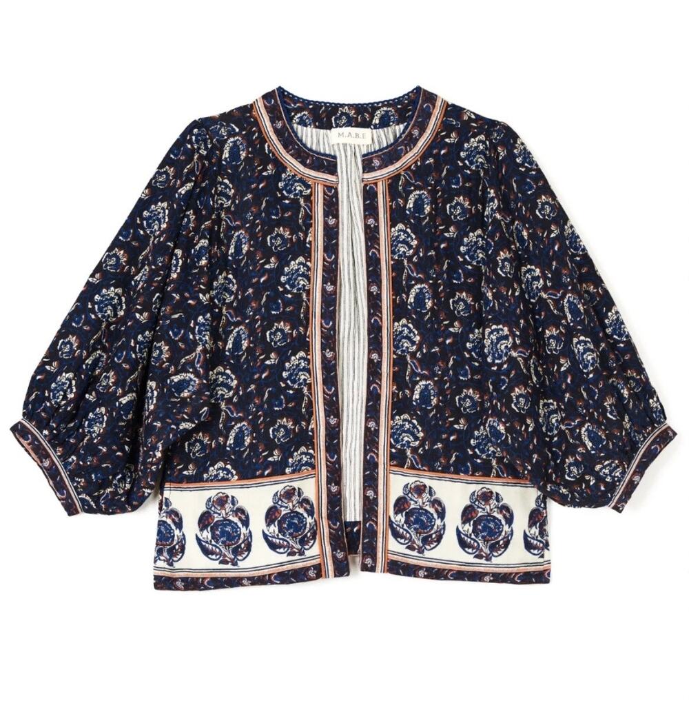 M.A.B.E Women's Blue Navy Open Front Seren Printed Boho Jacket Size Large